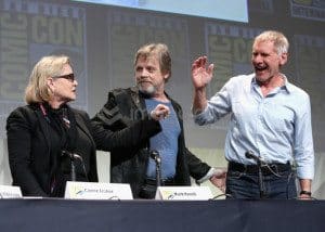 Han Solo, Princess Leia and Luke Skywalker at Star Wars the Force Awakens