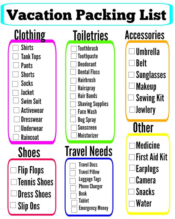 Vacation Packing List Printable