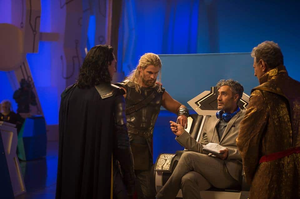 Taika giving direction and feedback to Thor, hulk, Loki