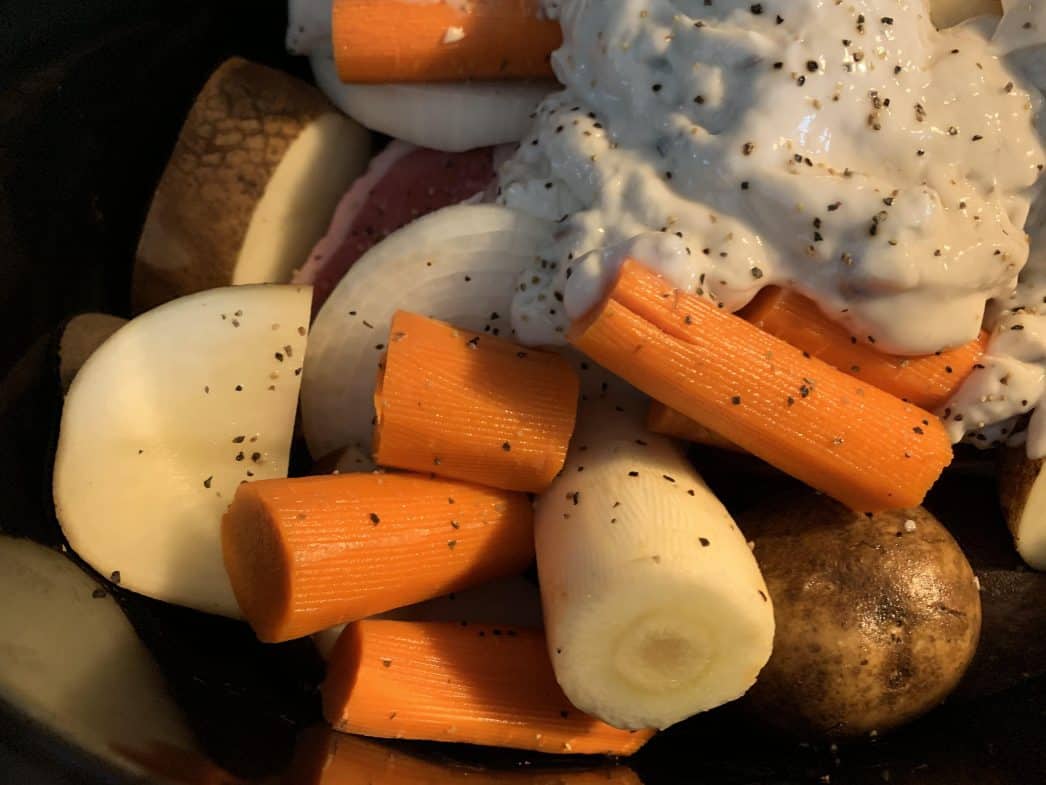 roast with rainbow carrots, potatoes 